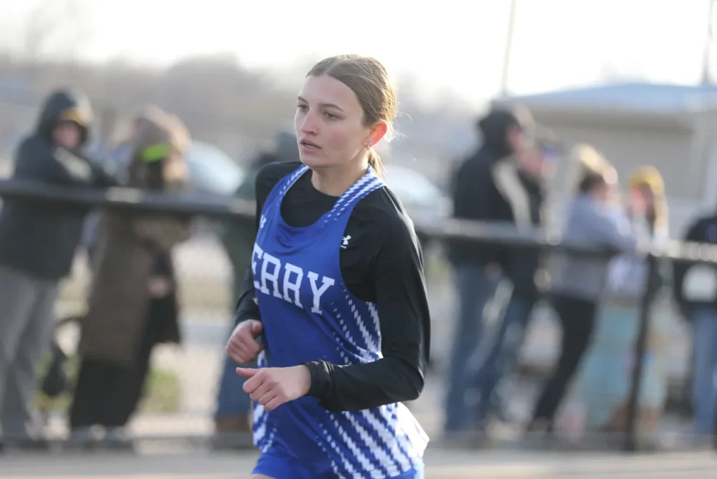 Perry’s Taryn Nehring nears the finish line in the 400-meter dash during the Jayette Relays on Thursday, April 3,2025. Allison Ullmann/The Perry Chief