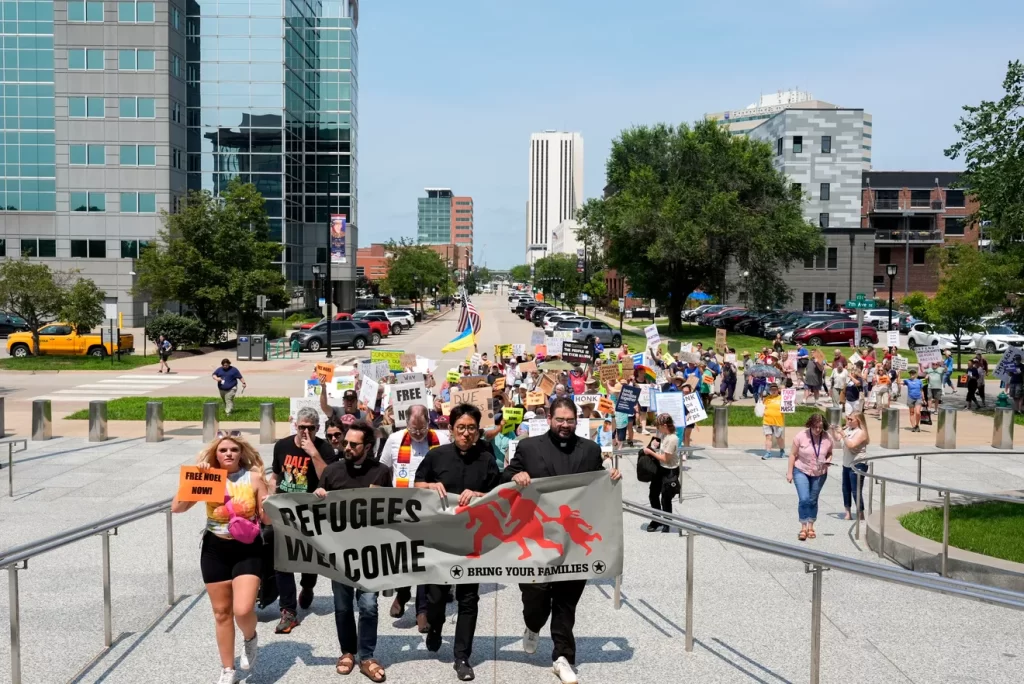 Protesters marched to the U.S. Courthouse demanding the return of Pascual Pedro and the release of Noel Lopez July 29, 2025 in Cedar Rapids, Iowa. Julia Hansen/Iowa City Press-Citizen