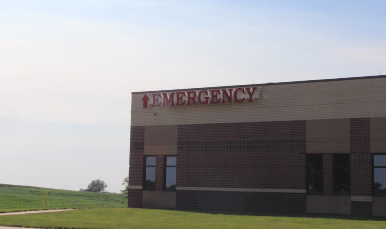 The emergency room entrance at Saunders Medical Center near Wahoo, Nebraska. Hospital associations and rural health advocates worry that a large decrease in Medicaid spending will place financial strain on rural hospitals. (Molly Ashford/Harvest Public Media)