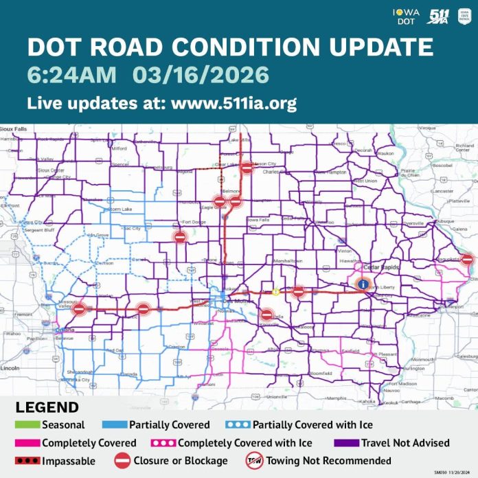 Map of closed roads in Iowa 2026