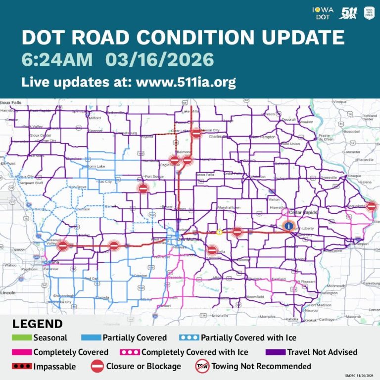 Map of closed roads in Iowa 2026