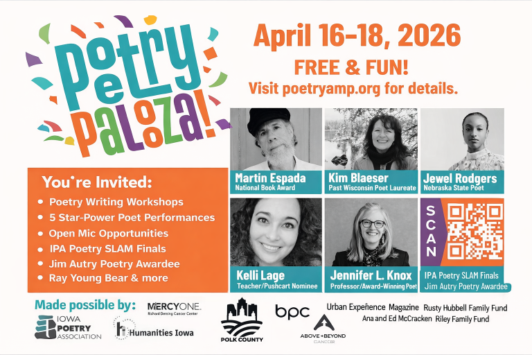 Poetry Palooza 2026 poster featuring Martín Espada, Kim Blaeser, Jewel Rodgers, Kelli Lage and Jennifer L. Knox in Des Moines, Iowa.