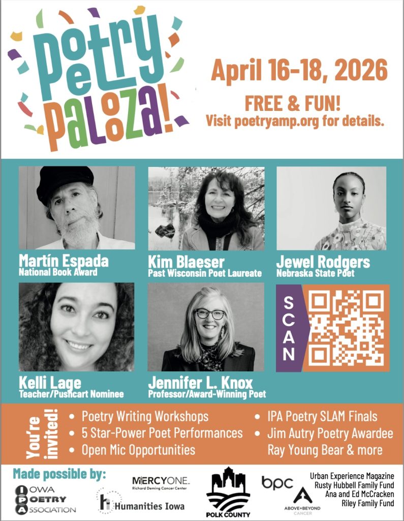  Gráfico promocional de Poetry Palooza 2026 en Des Moines, programado del 16 al 18 de abril.