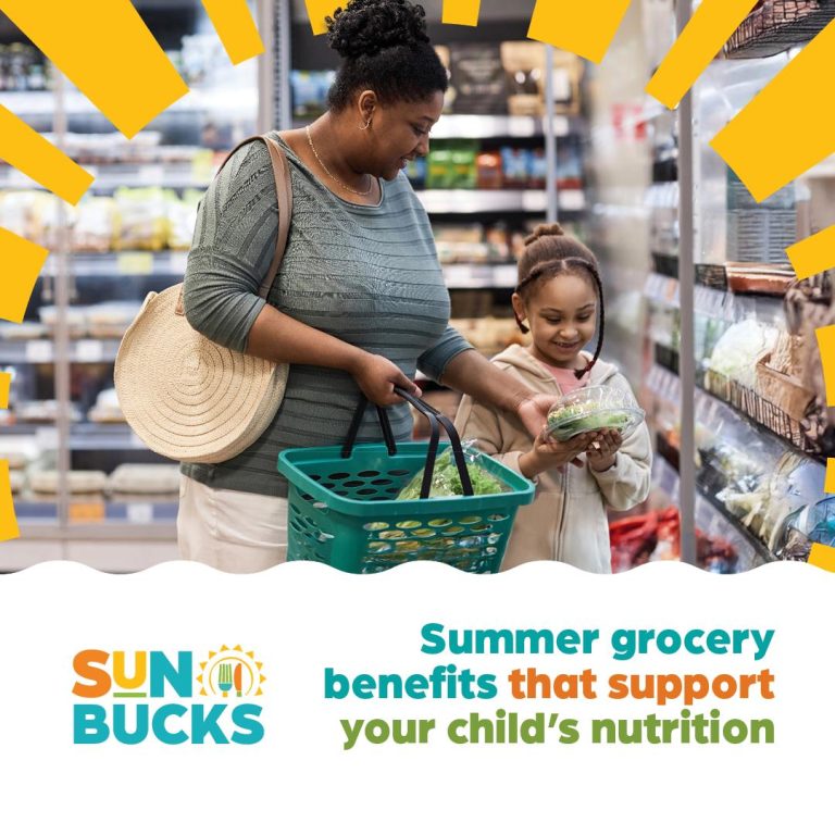 Official SUN Bucks graphic illustrating Iowa’s $120 summer grocery benefit for eligible children.
