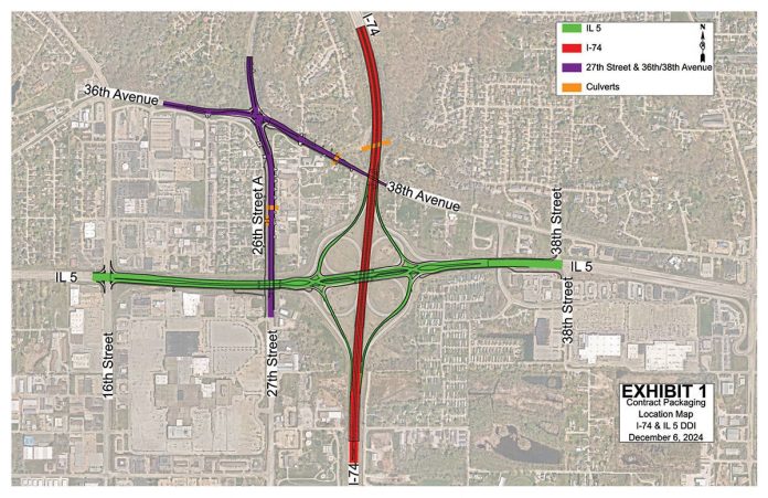 Map of the I-74 and John Deere Road construction area in Moline, Illinois