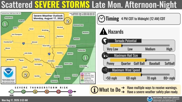NWS forecast showing severe storm risk in northwest Iowa on Aug. 17, 2026