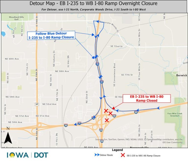 I-80 to I-235 Ramp in Des Moines Closes Oct. 23–26: Detour and Hours